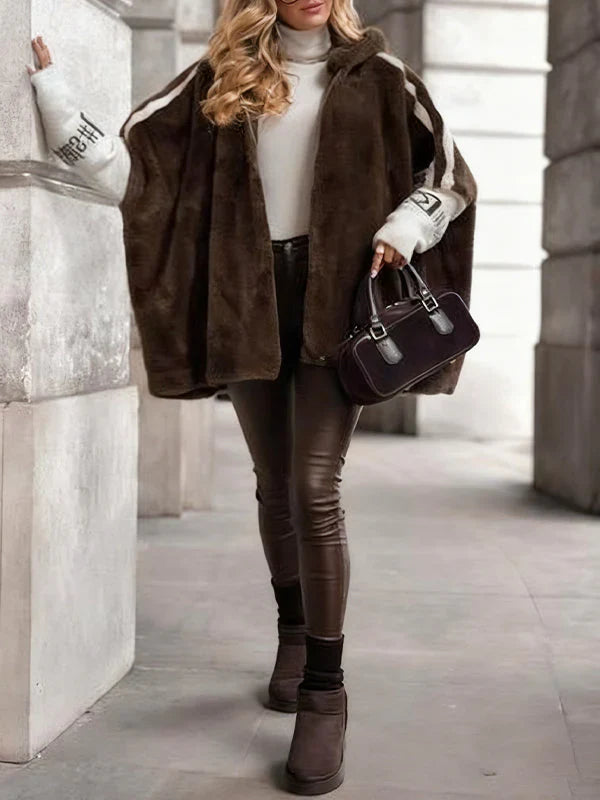 Women Plush Hooded Vertical Stripe Printed Casual Coat