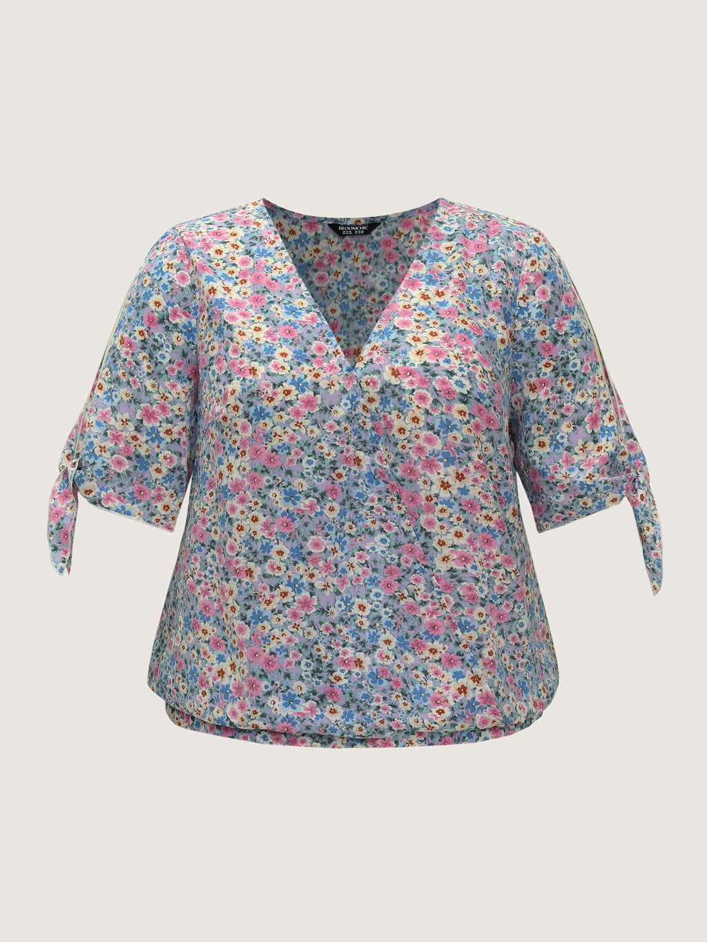 Floral Print Adjustable Sleeve Tie Blouse
