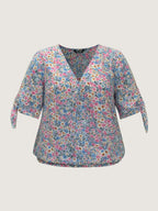 Floral Print Adjustable Sleeve Tie Blouse