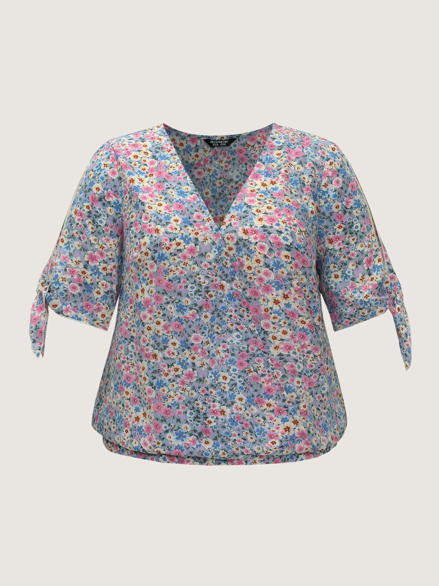 Floral Print Adjustable Sleeve Tie Blouse