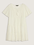 Lace Drawstring Neckline Tiered Mini Dress