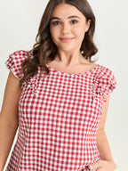 Gingham Print Layered Flutter Sleeve Blouse