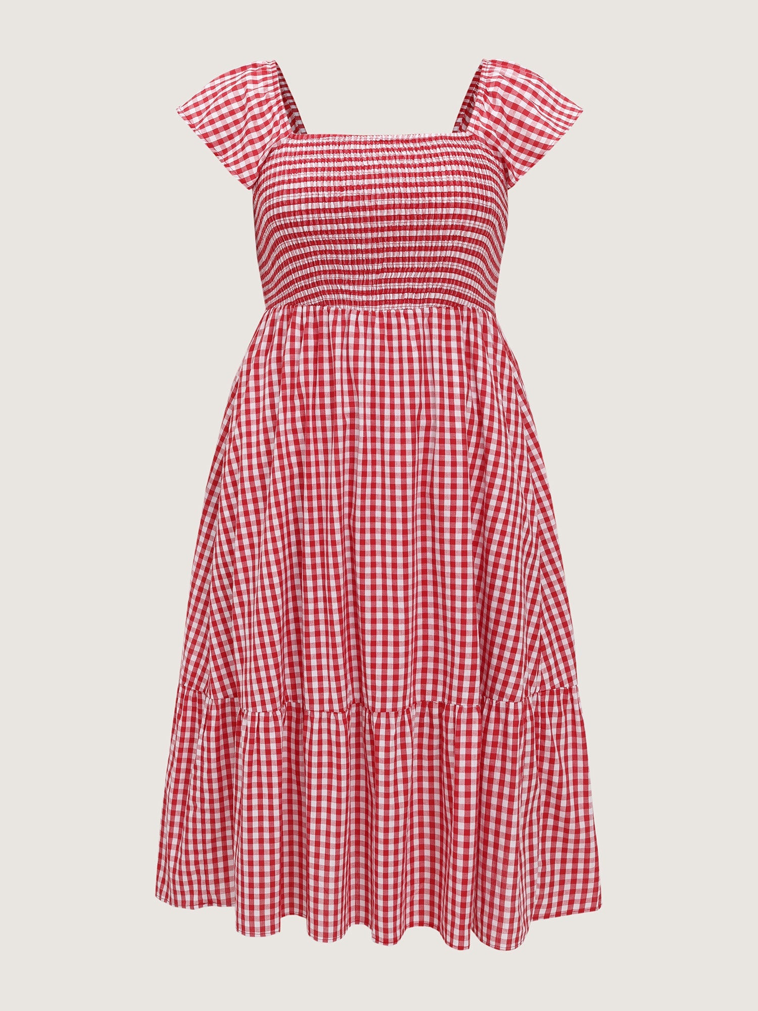 Cotton Gingham Print Shirred Bodice Midi Dress
