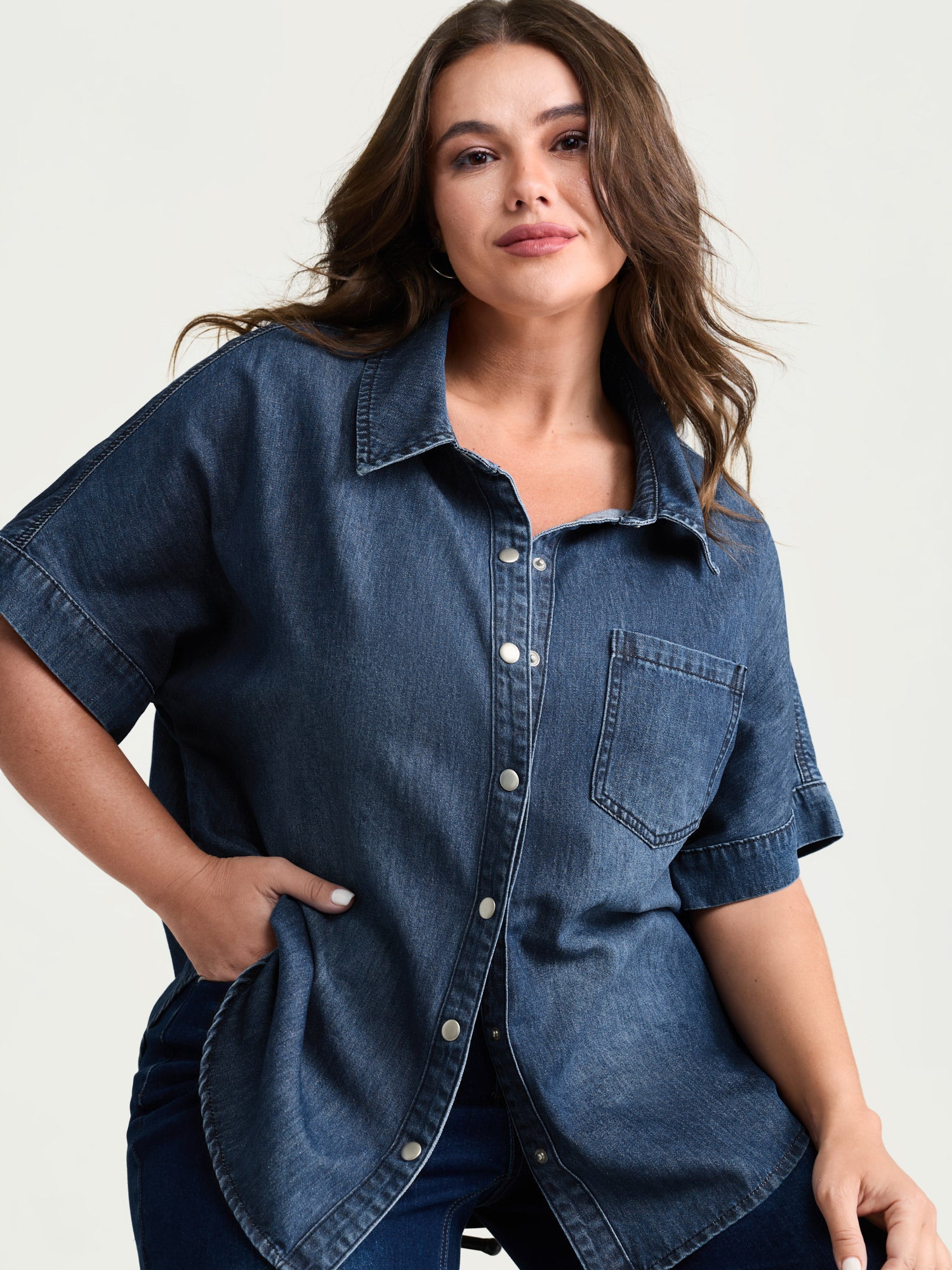 Button Detail Collar Pocket Denim Top