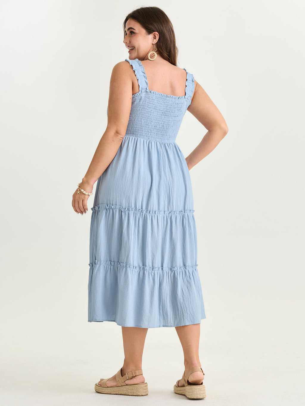 Cotton Shirred Bodice Ruffled Straps Plain Maxi Dress