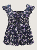 Floral Print Drawstring Bodice Blouse