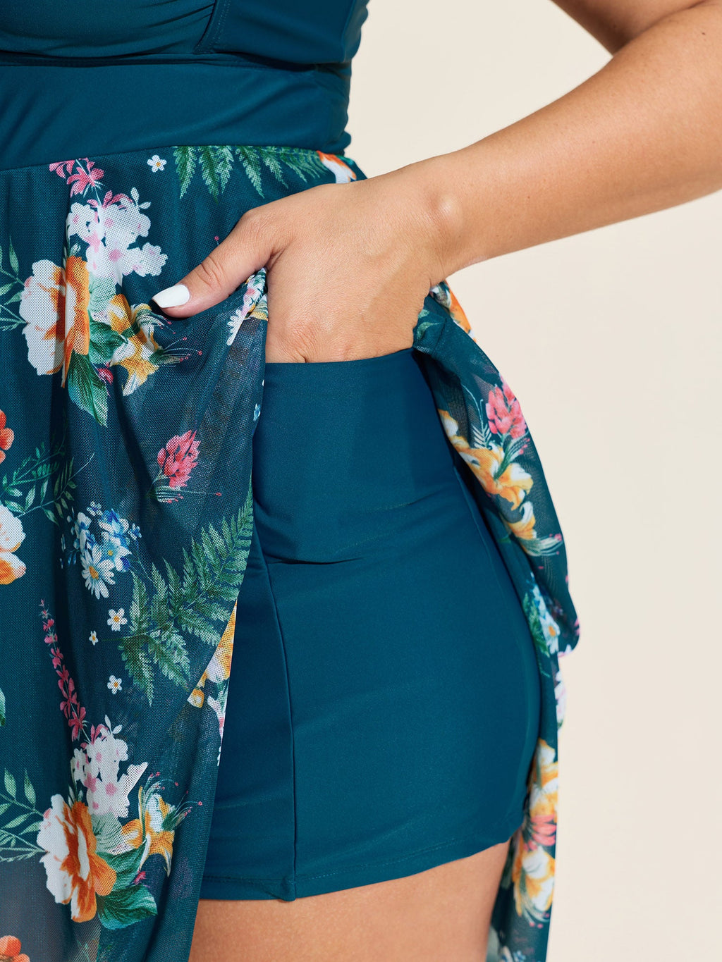 Floral Print Pockets Contrast Swim Dress