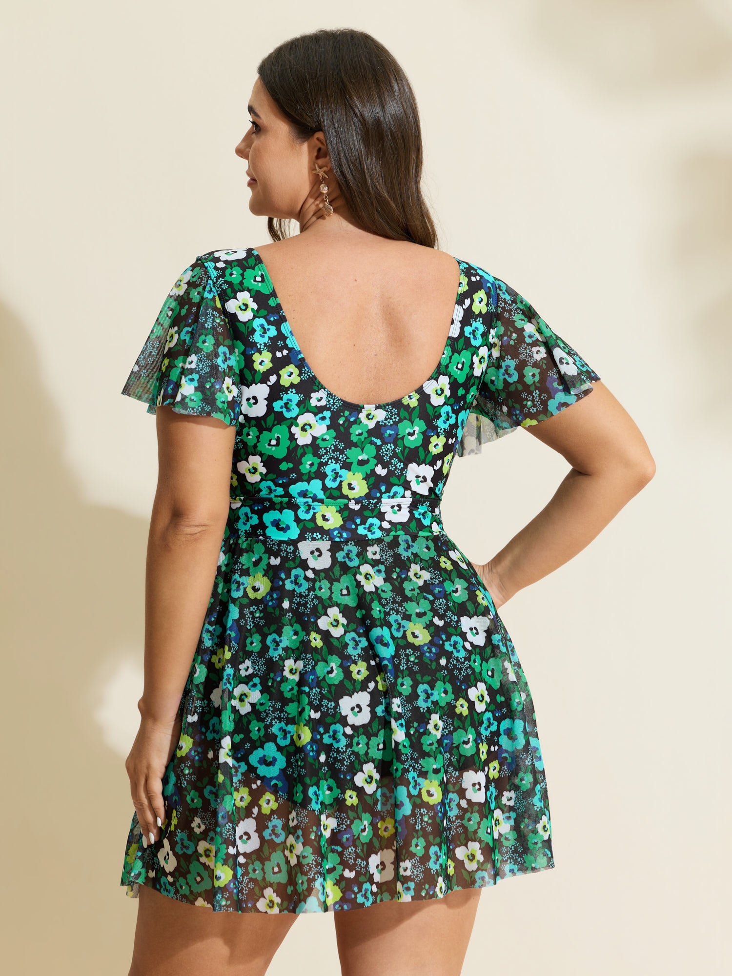 Floral Mesh Tie Front Swim Dress