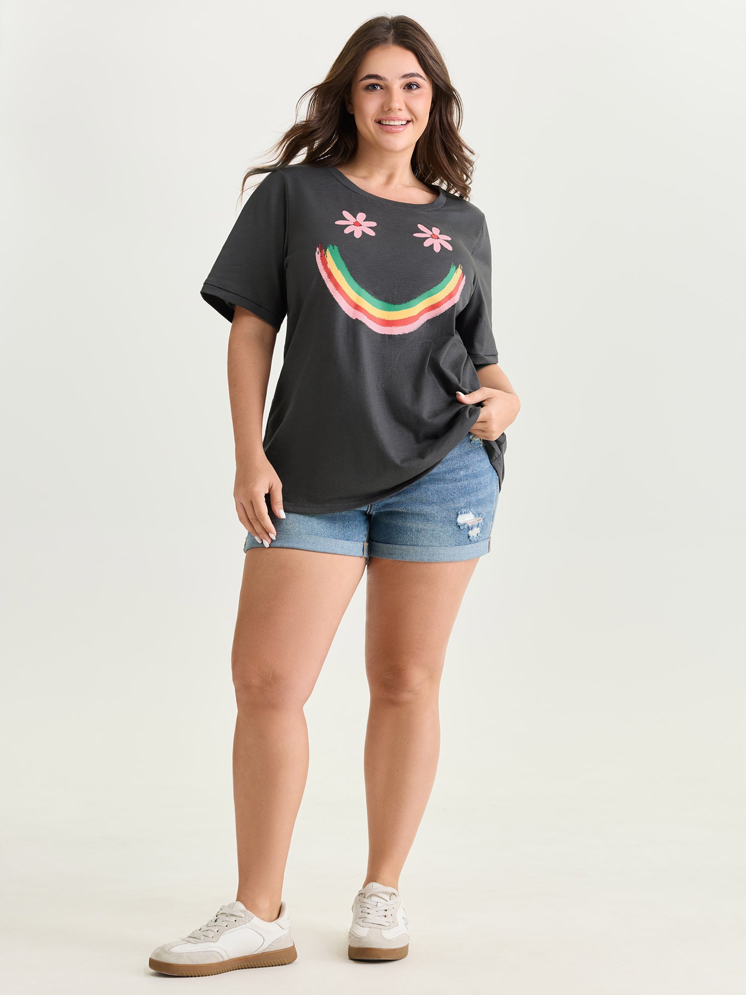 Happy Rainbow Print Round Neck T-Shirt
