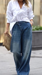 Women V-neck Shirt + Washed Jeans Casual Set