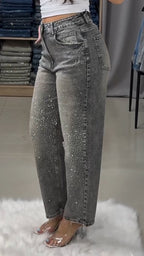 Women Rhinestone Washed Casual Jeans