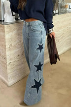 Women Patchwork Star Printed Rhinestone Casual Jeans