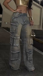 Women Patchwork Multi-pocket Hotfix Rhinestone and Washed Casual Jeans