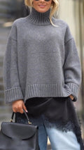 Women High-Neck Patchwork Casual Knit Sweater
