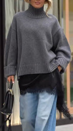 Women High-Neck Patchwork Casual Knit Sweater