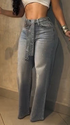 Women High Waisted Hot Pressed Diamond Temperament Casual Jeans