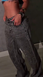 Women Rhinestone Washed Casual Jeans