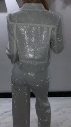 Women Laple Collar Hot Diamond Jacket+ Pants Sparkling Casual Set
