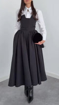 Women Laple Collar Shirt+ Strapless Patchwork Dress Elegant Temperament Set