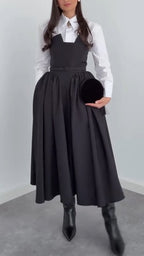Women Laple Collar Shirt+ Strapless Patchwork Dress Elegant Temperament Set
