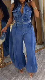 Womens Collared Patchwork Casual Denim Jumpsuit