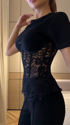 Women Round Neck Patchwork Lace Casual Top