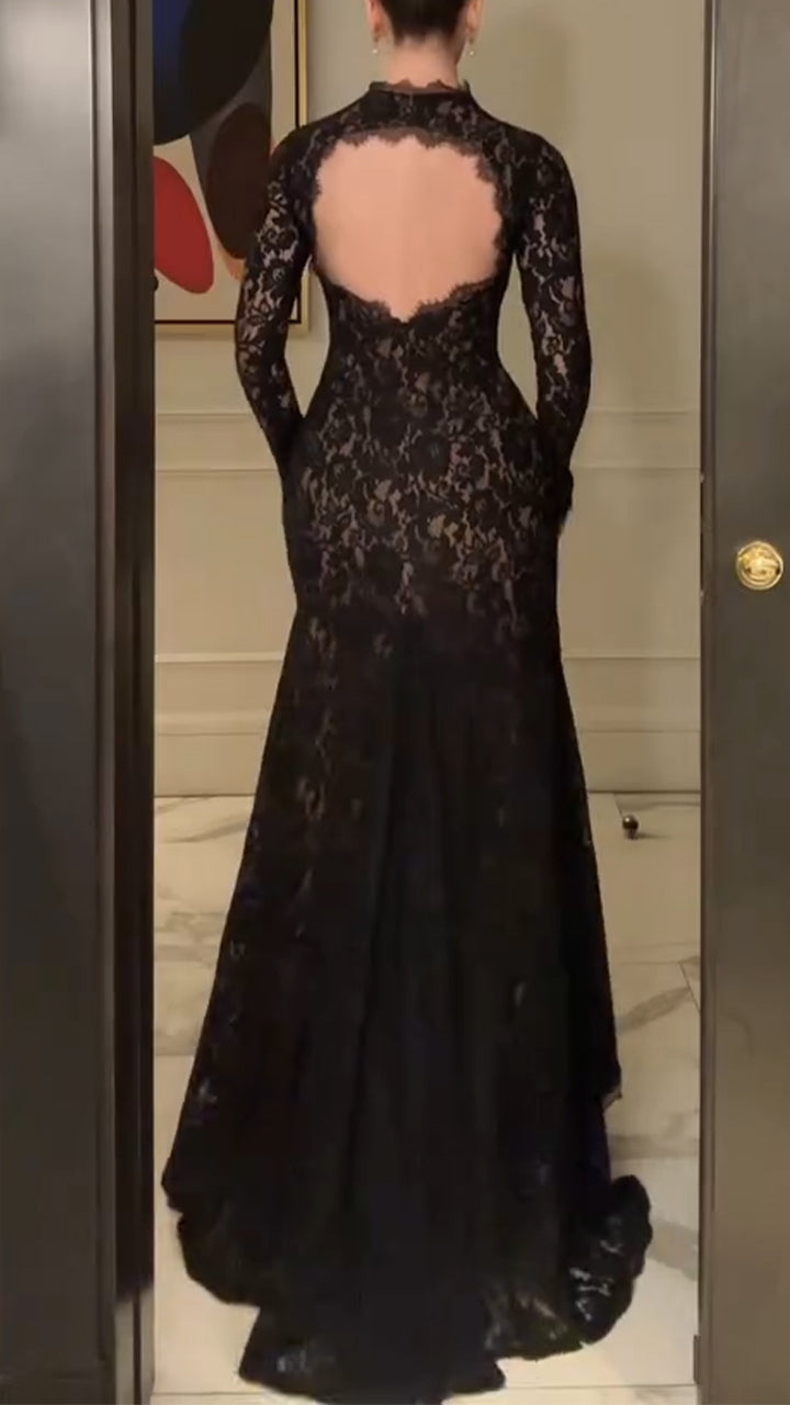 Women Round Neck Printed Slit Elegant Temperament Dress