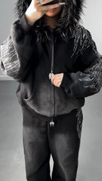 Women Hooded Hot Stamping Rhinestone Jacket+ Pants Casual Set