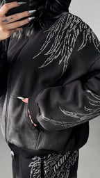 Women Hooded Hot Stamping Rhinestone Jacket+ Pants Casual Set