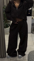 Women Round Neck Hooded Hot Stamping Rhinestone Casual Set