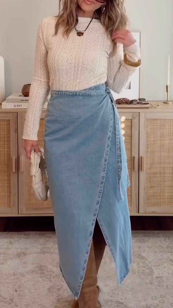Women Round Neck Top+ Slit Denim Half Skirt Elegant Casual Set
