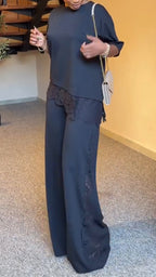 Women Round Neck Patchwork Lace Print Top + Wide Leg Pants Casual Set