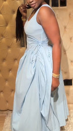 Women U-neck Solid Color Waist Strap Style Casual Dress
