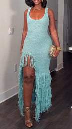 Women U-neck Slit Stitch Tassel Elegant Temperament Dress