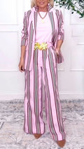 Women Collar Vertical Stripe Jacket + Pants Temperament Commuting Suit