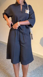 Women Flared Elbow-Length Sleeve Top + Pants Casual Set
