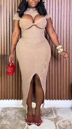 Women Round Neck Patchwork Hollow Waist Solid Color Sexy Casual Dress