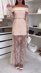 Women One-piece Collar Patchwork Lace Printed Dress + Lace Printed Half Skirt Elegant Temperament Set