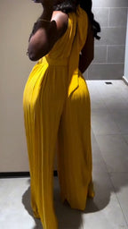 Women Round Neck Sleeveless Waist Cinched Pleated Long Wide Leg Jumpsuit