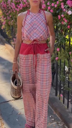 Women Camisole Sleeveless Drawstring Top + Patchwork Pants Casual Suit