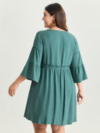 Tiered Sleeve Drawstring Neckline Mini Dress