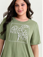 Embroidered Leaf Pattern Plain T-Shirt