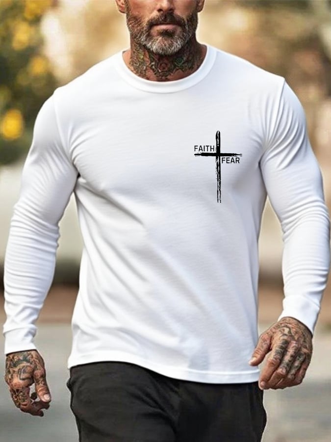 Men's Retro Faith Cross "Faith Over Fear" Print Crew Neck T-Shirt