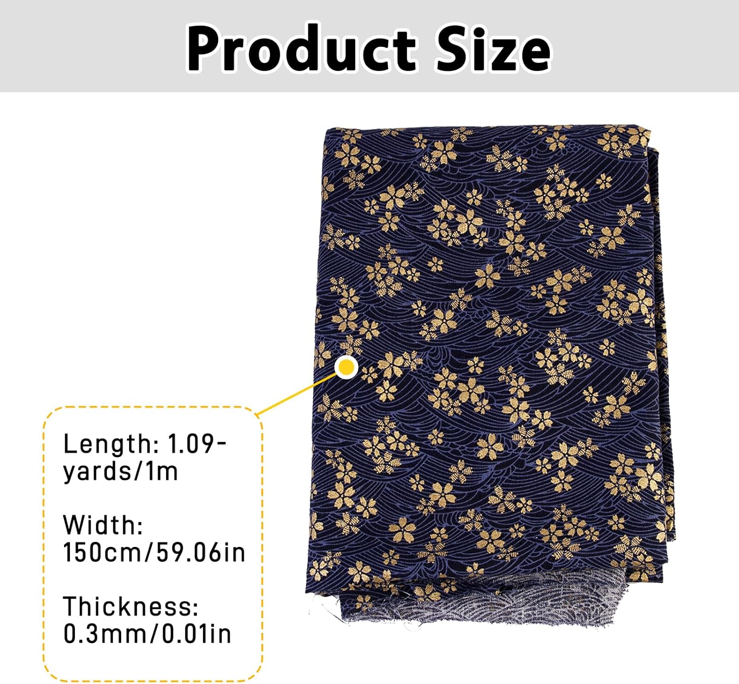 1 Yard59 Inch Blue Japanese Cotton Fabric Sakura Quilting Bundles Gold Cherry Blossoms and Waves Print for Sewing Clothing Bag Tablecloth Sofa Pillow DIY Craft