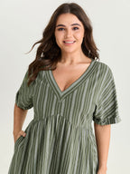 Striped Print V-Neck Midi Dress