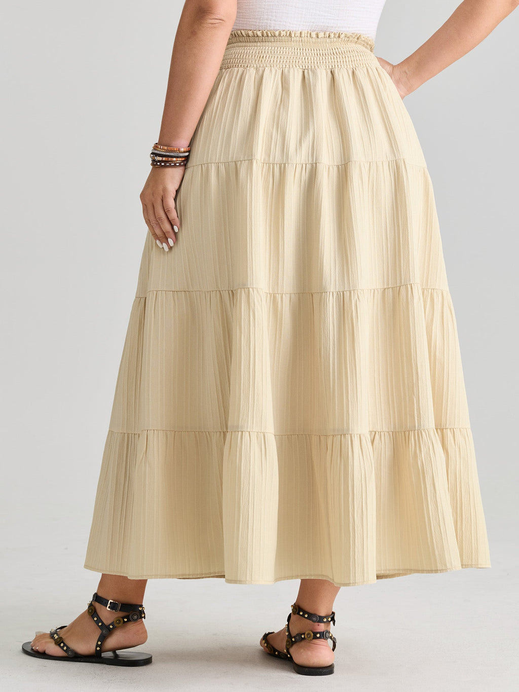 Shirred Wide Waistband Tiered Maxi Skirt