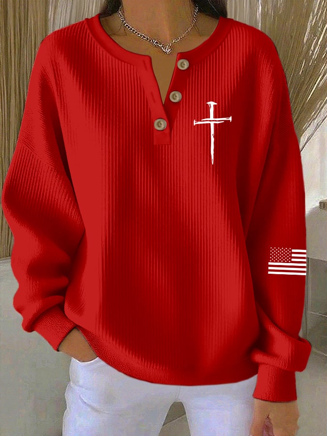 Women's Vintage Faith Cross Print Knitted Crew Neck Long Sleeve Top
