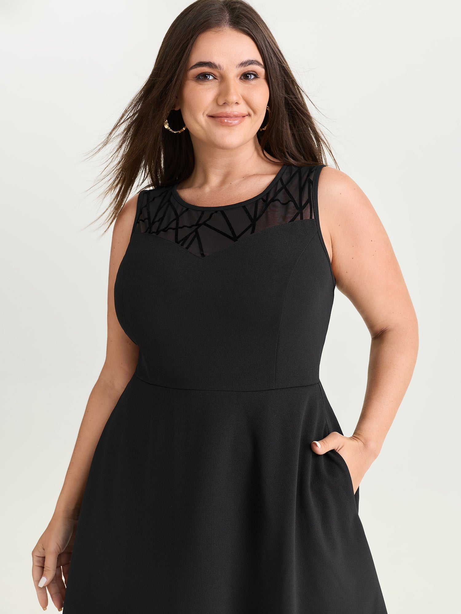 Mesh Neckline Sleeveless Fit And Flare Midi Dress