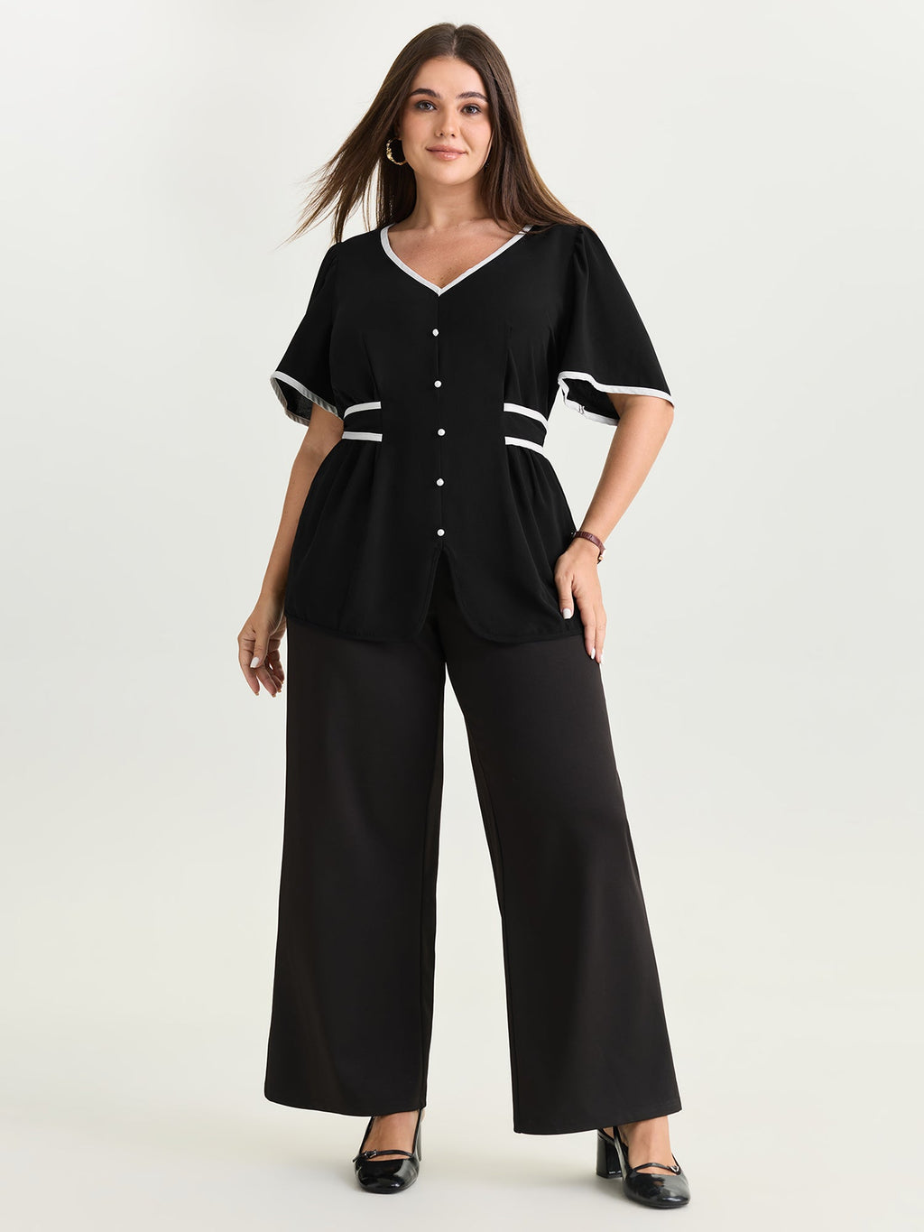 Color Contrast Edge Button Detail Blouse