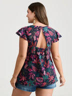 Bright Floral Texture Open-Back Blouse